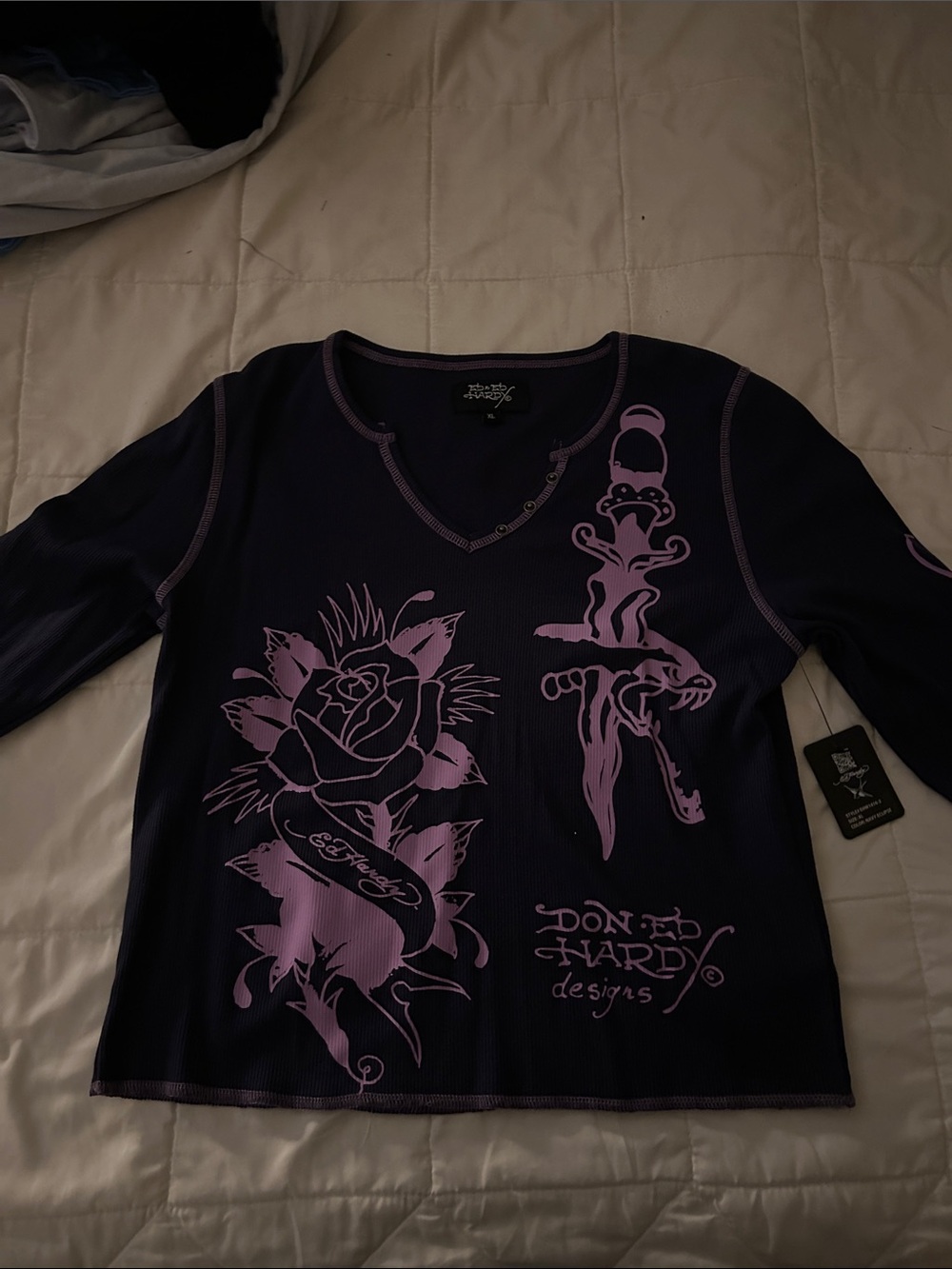 Ed Hardy Dark Purple Long Sleeve Top with Lavender Graphic